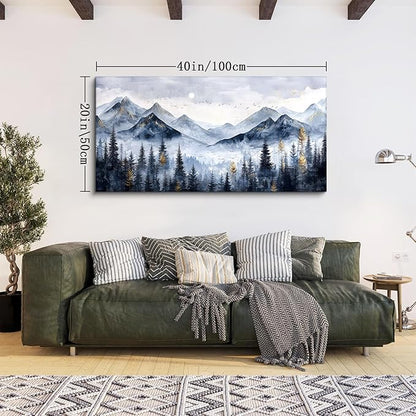 SERIMINO Mountain Landscape Large Wall Art, Misty Forest Canvas Prints, Blue Gold Watercolor Pine Tree Paintings Wall Decor Living Room Bedroom, Natural Scenery Office Decor Pictures 20"X40"