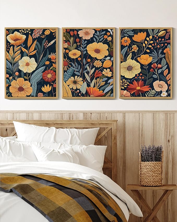Drsoum Vintage Flower Wall Art Framed Retro Bohemian Boho Colorful Floral Plant Rustic Artwork Nature Botanical Wildflower Prints Bedroom Living Room Ready to Hang 12x16in Natural Framed