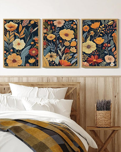 Drsoum Vintage Flower Wall Art Framed Retro Bohemian Boho Colorful Floral Plant Rustic Artwork Nature Botanical Wildflower Prints Bedroom Living Room Ready to Hang 12x16in Natural Framed