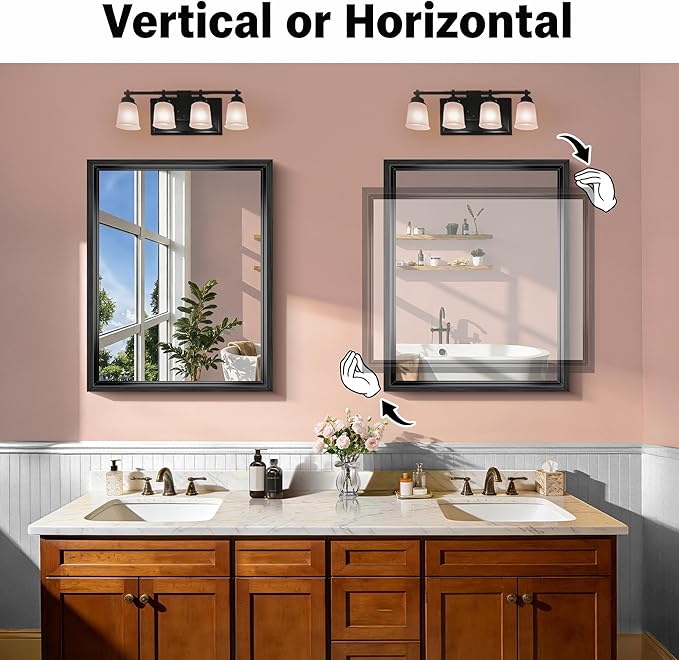 CIRCUMI 24"x30" Black Mirror with Chunky Box Metal Frame, Brushed Finish Rectangular Bathroom Mirrors for Over Sink, Living Room, Entryway, Tempered Glass Mirror for Wall, Vertical or Horizontal