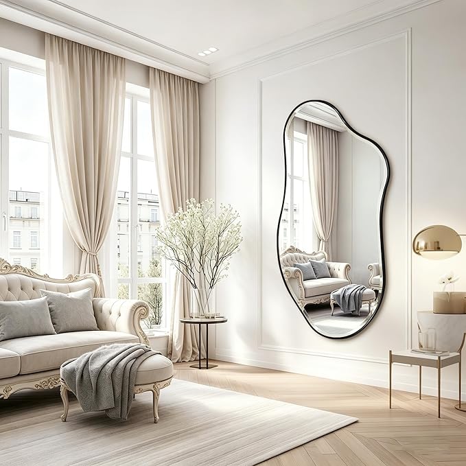 POZINO Large Irregular Beveled Mirror, 63"x31.5" Premium Asymmetrical Wall Mirror with Metal Frame, Organic Shaped Mirrors for Living Room Bedroom Hallway Entryway, Horizontal/Vertical Hanging