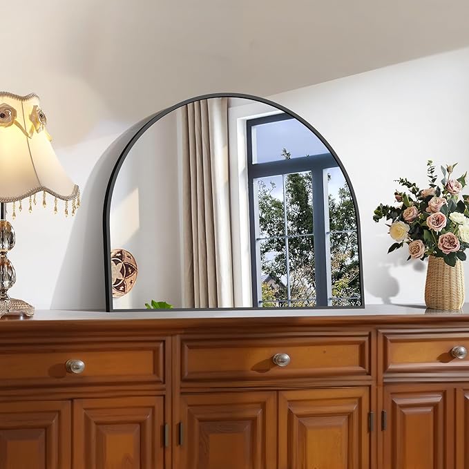 CIRCUMI Arched Wall Mirror, 24"x20" Black Arched Mirror with Tempered Glass, Metal Frame, Large Size for Entryway Table, Mantel,Living Room,Over Sink,Arch Mirror for Decor,Shatterproof&Crystal-Clear