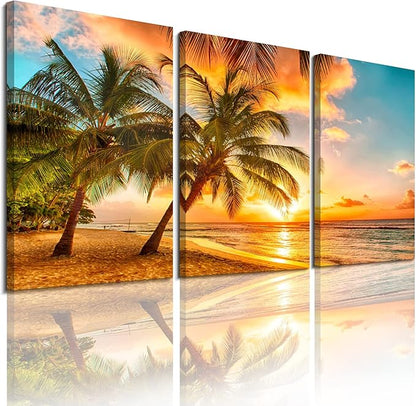 Golden Seascape Ocean Beach Wall Art Cozy Sea Artwork Modern Ocean Sunset Sea Beach Canvas Prints Pictures Paintings on Canvas Wall Art for Home Decor 5 Panels Gallery Wrapped Tropical Scenery