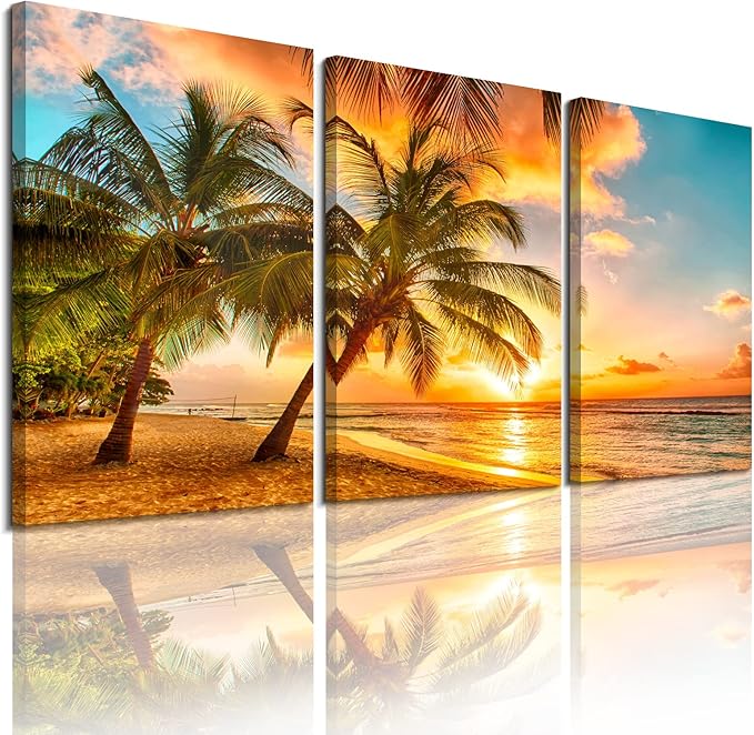 Golden Seascape Ocean Beach Wall Art Cozy Sea Artwork Modern Ocean Sunset Sea Beach Canvas Prints Pictures Paintings on Canvas Wall Art for Home Decor 5 Panels Gallery Wrapped Tropical Scenery