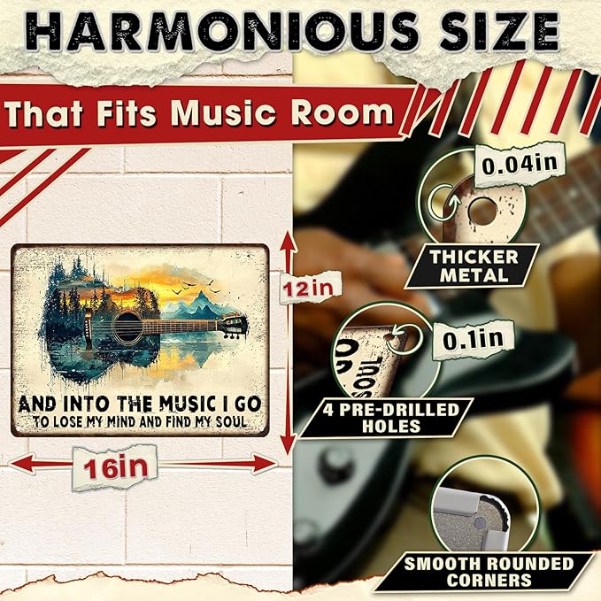 Guitar Retro Metal Poster And Into the Music Art Plaque Guitar Vintage Sign for Man Cave Funny Garage Bar Shed 12x16inch