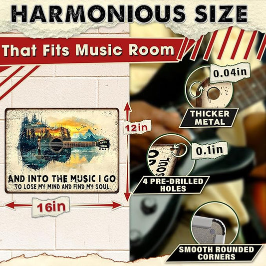 Guitar Retro Metal Poster And Into the Music Art Plaque Guitar Vintage Sign for Man Cave Funny Garage Bar Shed 12x16inch