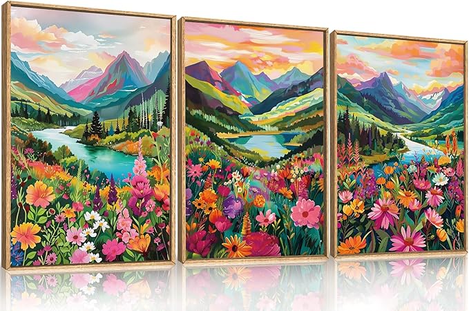 Colorful Wildflower Blossom Framed Canvas Wall Art Set,Mountain Flowers Wall Painting, Abstract Landscape Wall Decor,Natural Floral Art Print for Living Room,Dining Room,Office-24 x36 x3