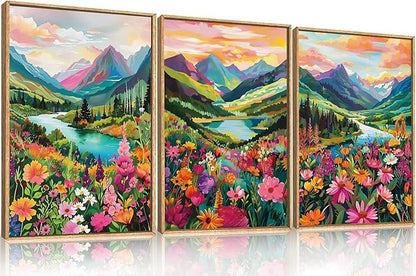 Colorful Wildflower Blossom Framed Canvas Wall Art Set,Mountain Flowers Wall Painting, Abstract Landscape Wall Decor,Natural Floral Art Print for Living Room,Dining Room,Office-24 x36 x3