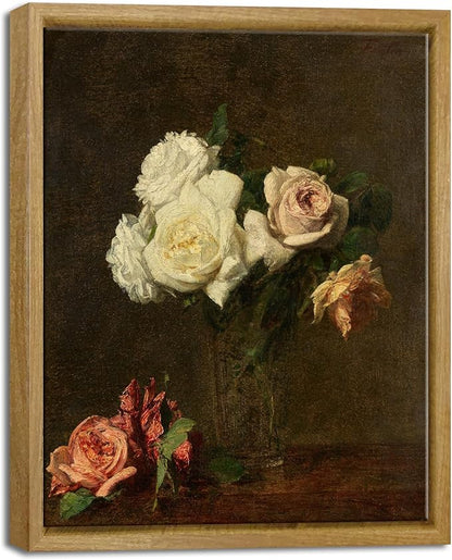 Pyradecor Vintage Retro Framed Wall Art Bathroom Decor Wall Art Roses Paintings Pictures Canvas Prints Mid Century Wall Decor for Living Room Kitchen Decorations