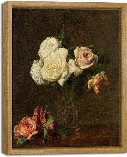 Pyradecor Vintage Retro Framed Wall Art Bathroom Decor Wall Art Roses Paintings Pictures Canvas Prints Mid Century Wall Decor for Living Room Kitchen Decorations