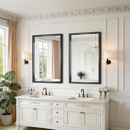 Black Framed Mirror 24"x40", Brushed Black Bathroom Mirrors for Over Sink, 0.6" Thickened Deep Frame Rectangle Mirrors for Wall, Shatterproof Tempered Glass, Antirust, Horizontally/Vertically