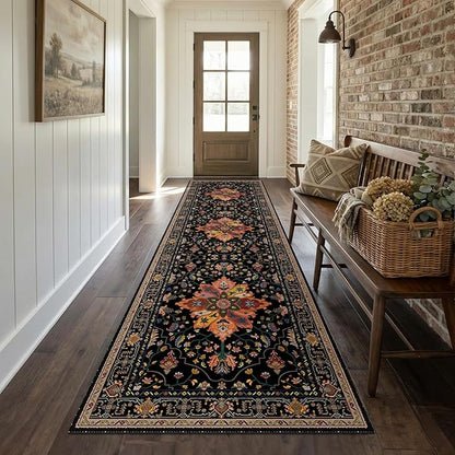 RELEANY Area Rugs 2'6"x8' Runner Rug Non Slip Washable for Kitchen Hallway Bedroom Beside Laundry Room Bathroom Rug, Floor Carpet, Black Colorful Floral Dark Tan