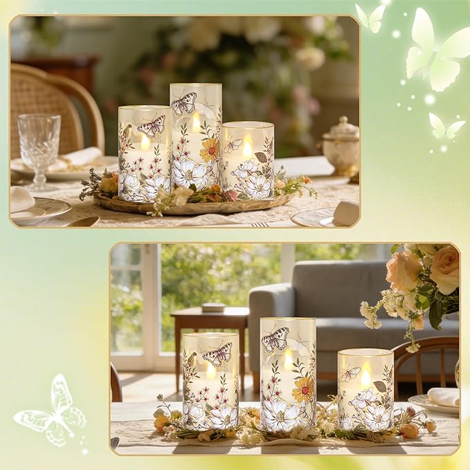 MELTONE Flameless LED Candles Botanical Butterfly Design with Remote Control & Timer Function & Dimmable, Battery Operated Glass Candles for Home Party Wedding Christmas Spring Decor, Set of 3