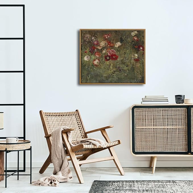 Pyradecor Vintage Wall Art Retro Large Framed Living Room Decor A Bed of Poppies Canvas Prints Classical Floral Painting for Bedroom Kitchen Farmhouse Office Decorations AH1110-5060NW