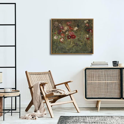 Pyradecor Vintage Wall Art Retro Large Framed Living Room Decor A Bed of Poppies Canvas Prints Classical Floral Painting for Bedroom Kitchen Farmhouse Office Decorations AH1110-5060NW