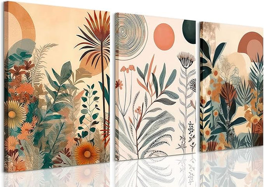 LYPHNX Framed Boho Burnt Orange Botanical Floral Canvas Wall Art Abstract Terracotta Jungle Poster Pictures Set of 3 Flower Prints Painting Home Decor for Bathroom Bedroom Living Room 16"x24"