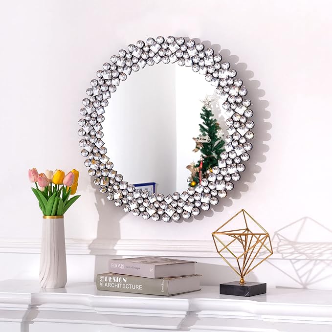 SHYFOY Crystral Round Mirror for Wall Decor,24" Large Wall Mirrors with Luxury Jeweled Decorative Mirror Circle Accent Mirrors for Living Room Bathroom Bedroom Fireplace Decor
