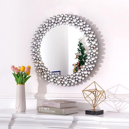 SHYFOY Crystral Round Mirror for Wall Decor,24" Large Wall Mirrors with Luxury Jeweled Decorative Mirror Circle Accent Mirrors for Living Room Bathroom Bedroom Fireplace Decor