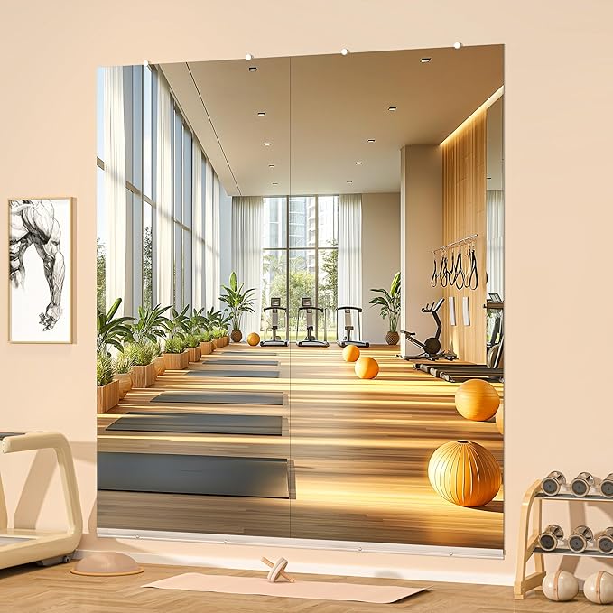 Hasipu Home Gym Mirror, 95"x40" Each, 2-Pack Frameless Wall Mounted Mirrors with Glass Clamps & 2 Aluminum Rail, Large Body Mirror for Home Gym, Yoga Studio, Bedroom, Silver Tempered Glass