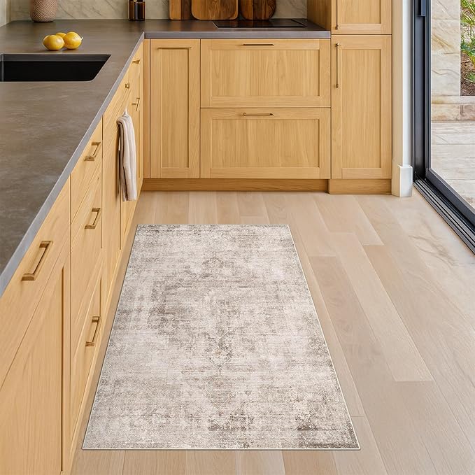 Beige Brown 2x3 Washable Non Slip Bathroom Rug for Entryway Indoor, Low Pile Small Rug for Powder Room & Kitchen Floor, Waterproof Stain & Fade Resistant Modern Abstract Decor