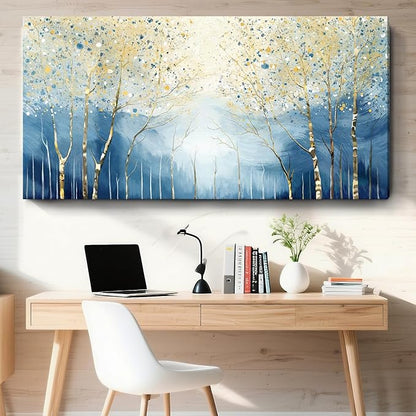 Oversized Abstract Plant Wall Art For The Living Room, Blue And Yellow Birch Forest Canvas Print, Modern Natural Horizontal Wall Decor For Bedrooms, Bathrooms, Dining Rooms, And Entryways. 58X29 Inches.