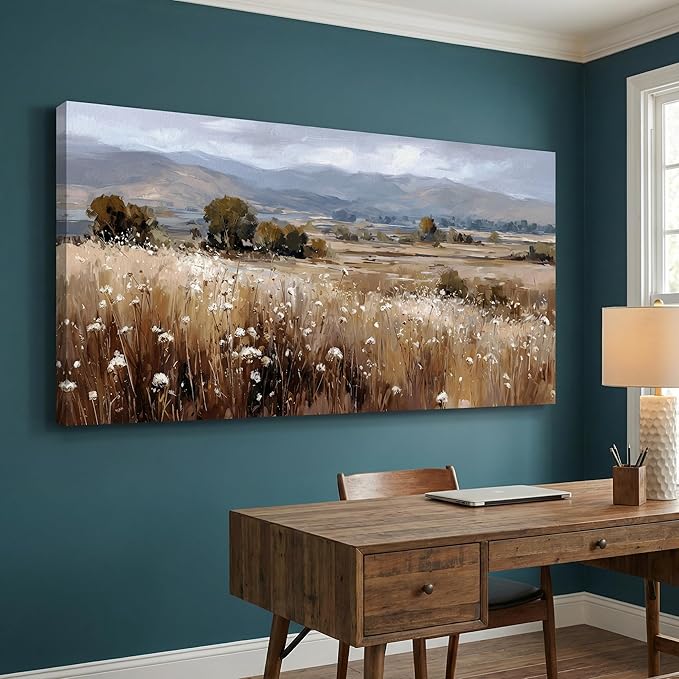 BQVCT Rustic Landscape Canvas Wall Art 20x40 Inch Field with Wildflowers and Mountains Giclee Print on Stretched Canvas, Nature Scenery Wall Decor for Living Room, Bedroom, Office