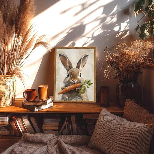 Framed Vintage Rabbit Canvas Wall Art, Cute Easter Bunny with Carrot Pictures Wall Decor, Spring Farmhouse Animal Paintings Prints Cottagecore Home Decor for Living Room kitchen Nursery 12x16 inch