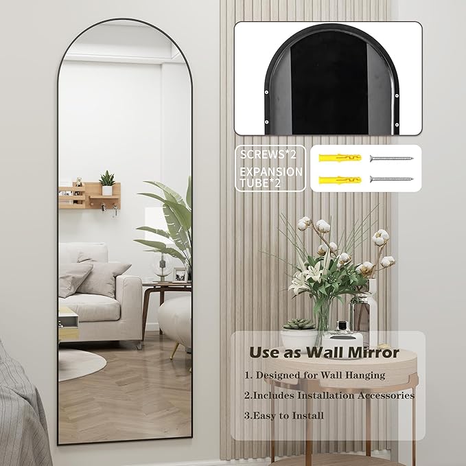 Dewfig Door Mirror with Stand, Arched Full Length Mirrors Over The Door, 16"x 50" Hanging or Wall Mirror, Full Body Mirrors for Bedroom,Living Room,Black