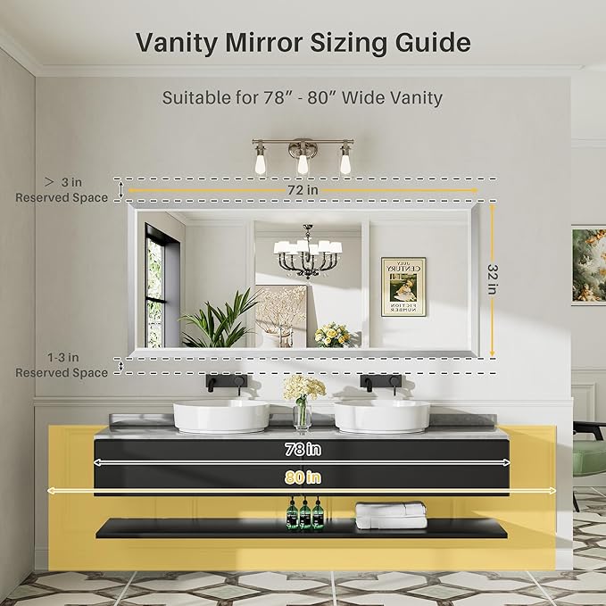 72x32 Inch Brushed Silver Bathroom Mirror for Wall, Thick Metal Framed Rectangle Mirrors for Over Sink, Bedroom, Living Room, Entryway, Anti-Rust, HD Tempered Glass