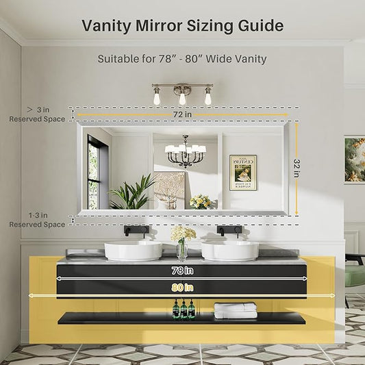 72x32 Inch Brushed Silver Bathroom Mirror for Wall, Thick Metal Framed Rectangle Mirrors for Over Sink, Bedroom, Living Room, Entryway, Anti-Rust, HD Tempered Glass