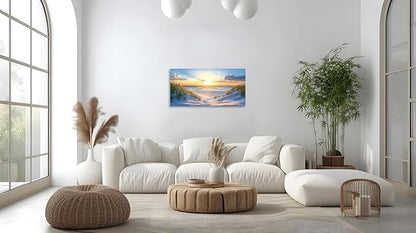 TutuBeer Beach Pictures Ocean Pictures Wall Decor White Beach with Dunes and Grass Picture Print on Canvas Ocean Seascape Paintings Canvas Art Prints Wall Decor Ready to Hang 8" x 16"