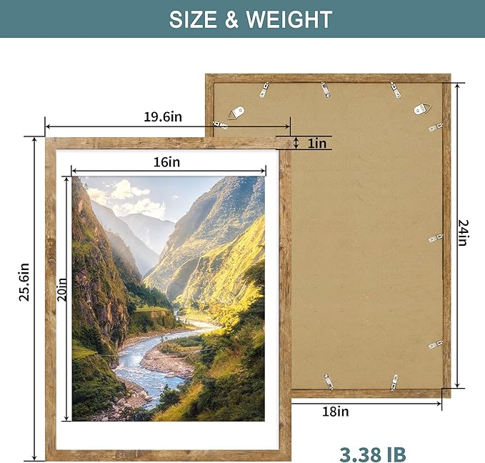 iRahmen 18x24 Picture Frame Set of 2, Rustic Brown Wood Poster Frame with Plexiglass, Display 16x20 Picture with Mat or 18 x 24 Without Mat for Photo Wall Gallery Mounting