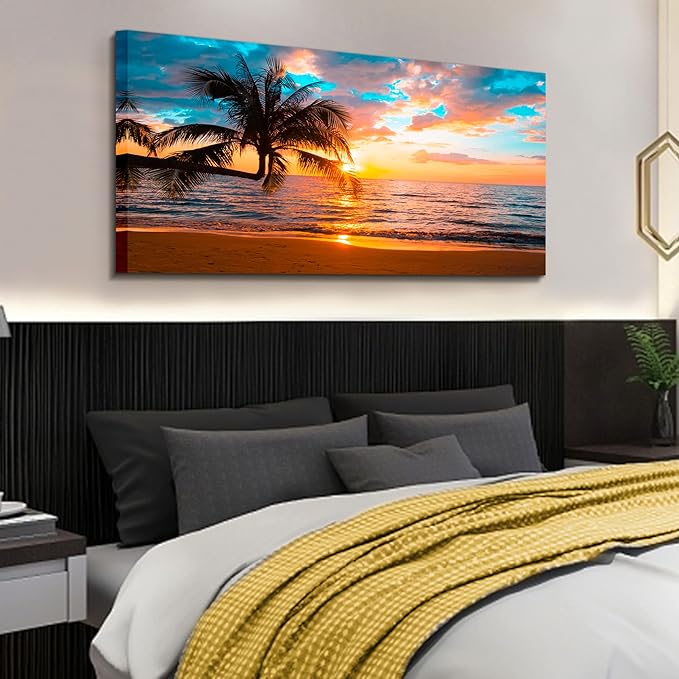 EPHANY Abstract beach canvas wall art Landscape Art - 1 Piece Canvas Wall Art, Beach Canvas Wall Art, Palm Tree On Beach,Sunset On Ocean,ocean beach picture,nature landscape (C-1pcs,20x40inchx1pcs)