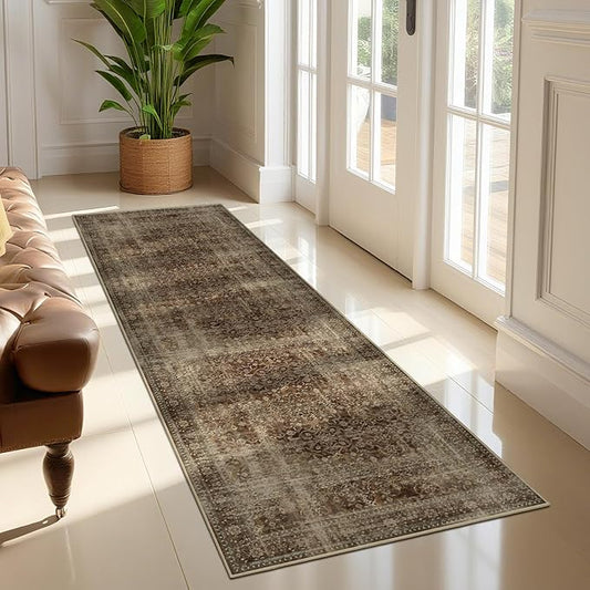 Brown Coffee Hallway Runner Rug 2x6, Dark Earth Tone Kitchen Runners Non Skid Washable 6ft, Aesthetic Distressed Carpet Floor Runners for Entryway Indoor Bedroom Bathroom, Vintage Warm Brown