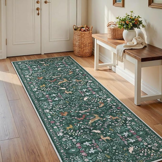 Runner Rug Washable Runners Kitchen Rugs Non Slip Neutral Floral Carpet Low Pile for Indoor Hallways Entryway Living Room Bedroom Laundry Soft Mat 2'6''x8' Dark Green