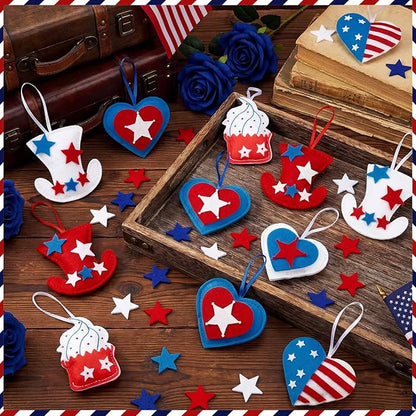 Soulchen 12 Pcs Red Blue White Ornaments Patriotic Fabric Hanging Ornaments 4th of July Stuffed Heart Star Hat Ice Cream Decor for 250th Anniversary Memorial Independence Day Farmhouse Party