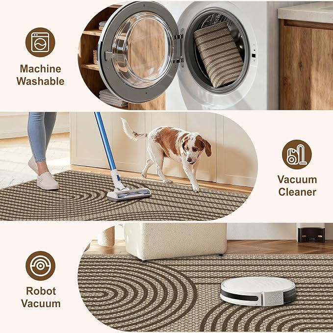 Easy Jute Hallway Runner Rug, 2' x 6' Kitchen Runner, Brown Farmhouse Ultra-Thin Washable Non-Slip Carpet Runner for Laundry, Bedroom, Backyard, Outdoor, Home Decor