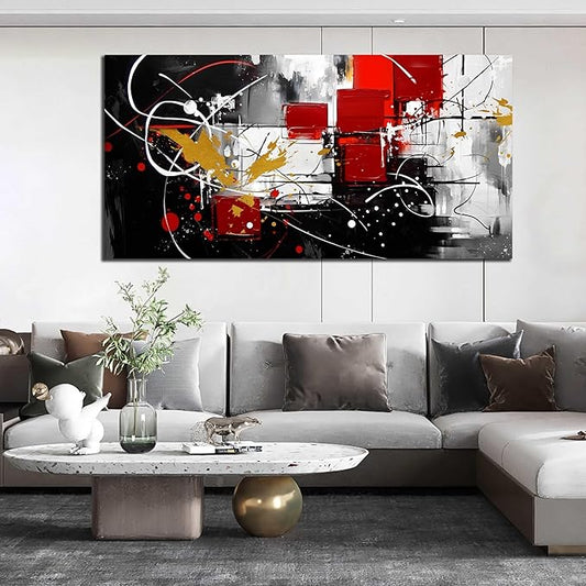 ANCXWOTER Abstract Wall Art for Living Room Black Canvas Wall Art Modern Grey Red Line Artwork for Bedroom Office Home Decor Canvas Prints 29x59 Inch