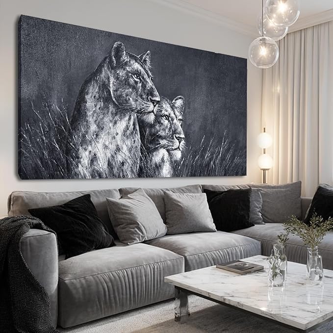ZENPEE 29"x58" Lion Wall Art - Black & White Spray Print Canvas, Oversized Animal Decor for Bedroom, Living Room, Office - Ready to Hang