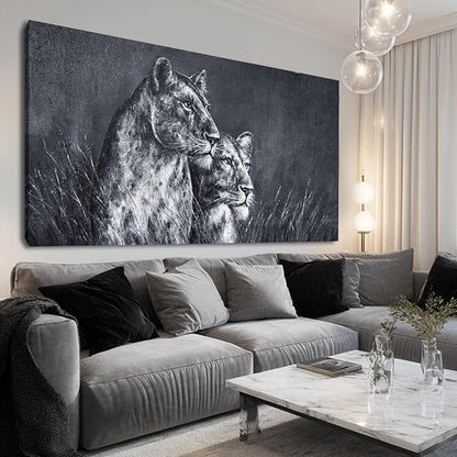ZENPEE 29"x58" Lion Wall Art - Black & White Spray Print Canvas, Oversized Animal Decor for Bedroom, Living Room, Office - Ready to Hang