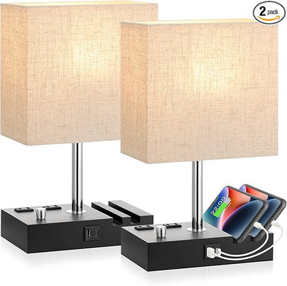 Bedside Lamps for Bedroom Set of 2, Kakanuo Fully Dimmable Small Beige Nightstand Lamps with USB C Ports and 2 Charging Outlets, Wooden Table Lamp with Phone Stands for Living Room, LED Bulbs Included