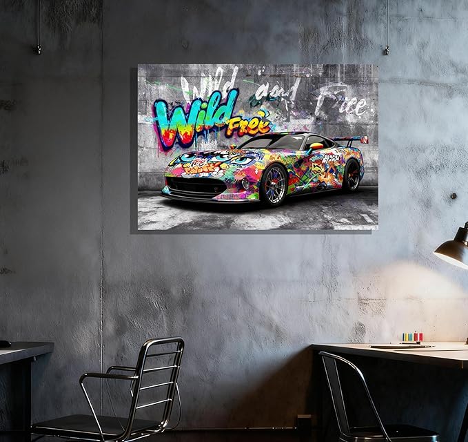 16x24 Modern Graffiti Sports Racing Car Canvas Wall Art Framed Urban Street Galley Oil Painting Gray Picture Teen Boys Pop Funny Home Decor Kids Bedroom Posters Men Office Living Room Cool Prints