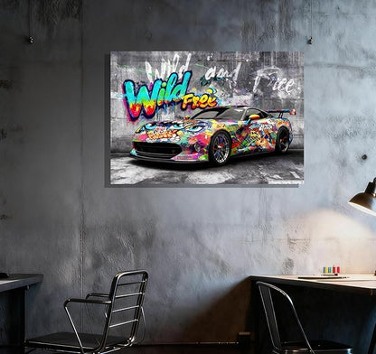 16x24 Modern Graffiti Sports Racing Car Canvas Wall Art Framed Urban Street Galley Oil Painting Gray Picture Teen Boys Pop Funny Home Decor Kids Bedroom Posters Men Office Living Room Cool Prints