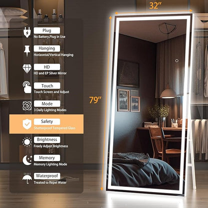 Hasipu Full Length Mirror with Lights, 79" x 32" LED Lighted Floor Standing, Full Body Dressing Hanging Mounted Mirror, Tempered Glass, Square White
