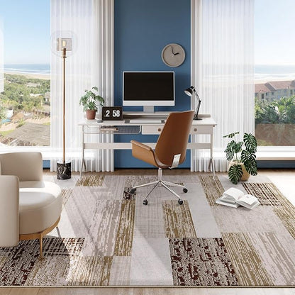 FlyDOIT Modern Geometric Patchwork Area Rug, 4x6 Beige Large Rugs for Living Room, Rockwood Collection Indoor Rugs for Bedroom, Throw Carpet Floor Decor for Entryway Dining Room Office Nursery