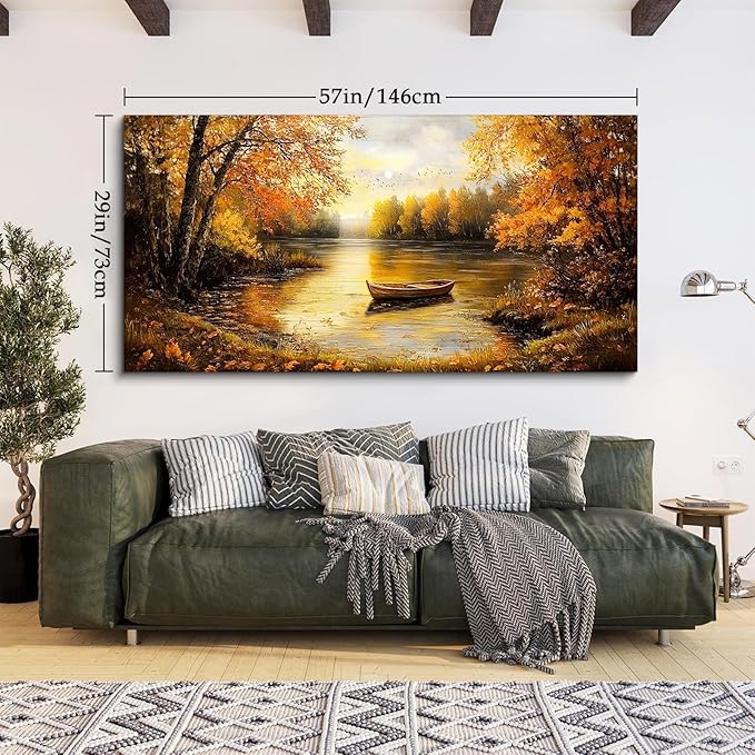 SERIMINO Fall Wall Art, Landscape Wall Art, Large Wall Decor, Lake Boat Forest Canvas Art Prints, Gold Autumn Nature Pictures, Rustic Paintings for Living Room Bedroom Dining Room Office Farmhouse 29"X57"