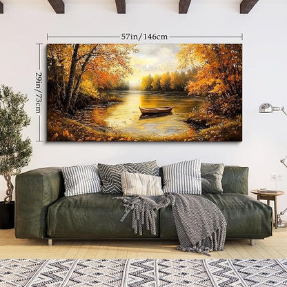 SERIMINO Fall Wall Art, Landscape Wall Art, Large Wall Decor, Lake Boat Forest Canvas Art Prints, Gold Autumn Nature Pictures, Rustic Paintings for Living Room Bedroom Dining Room Office Farmhouse 29"X57"