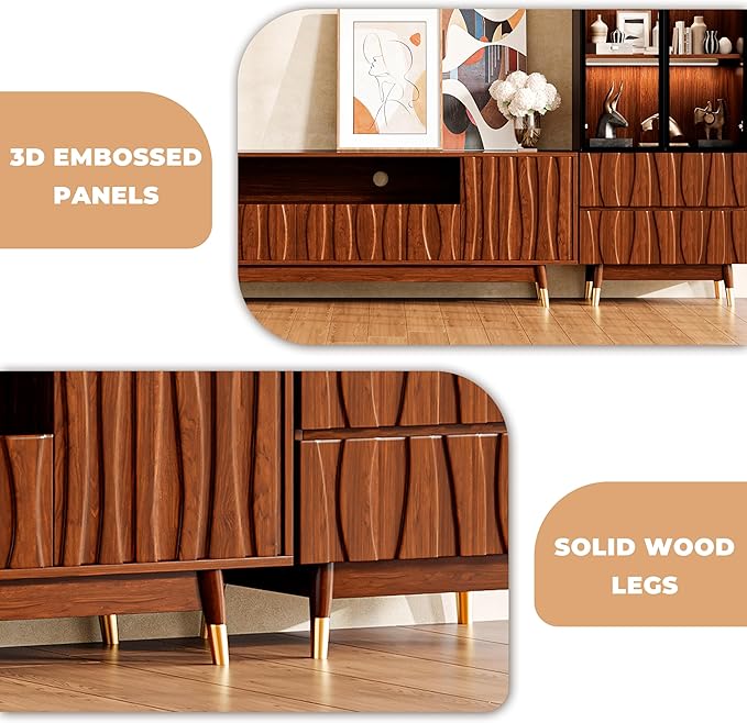 102'' Walnut Finish Entertainment Center for 55/65/75 inch TV, Included 78'' TV Stand and Glass Display Cabinet, 2-Piece Brown Mid Century Modern Wood Media Console for Living Room