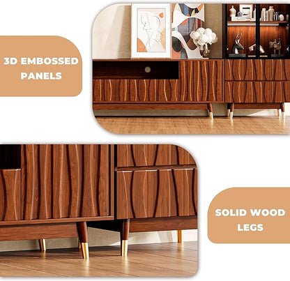 102" Walnut Finish Entertainment Center for 55/65/75 inch TV, Included 78.7'' TV Stand, Glass Display Cabinet and Coffee Table, 3-Piece Brown Mid Century Modern Wood Media Console for Living Room