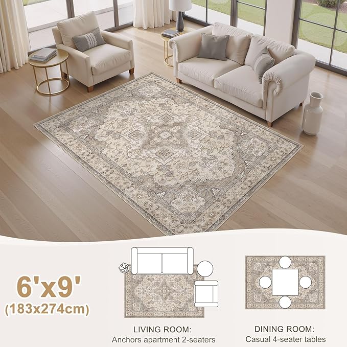 EIEIHOUSE Washable Area Rugs for Living Room - 6x9 Neutral Vintage Distressed Floral Farmhouse Boho Large Soft Floor Rug Indoor Non Slip Carpet for Bedroom Dining Room Office - Brown/Multi